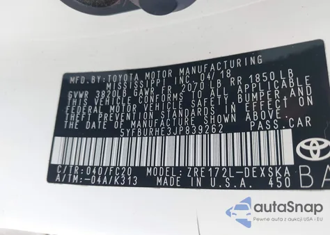 2018 Toyota Corolla Se z USA, uszkodzony, nr VIN 5YFBURHE3JP839262